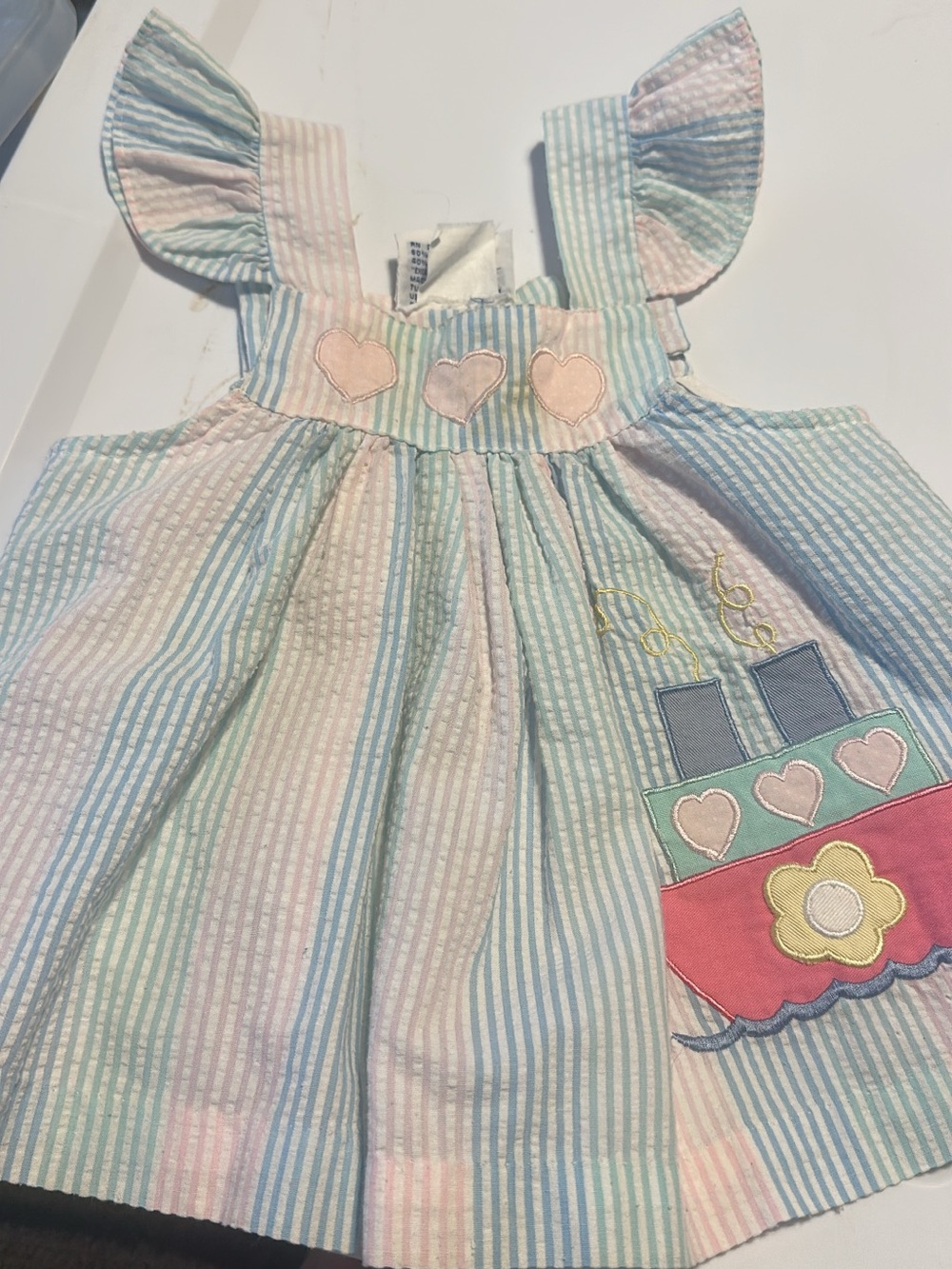 Vintage Baby Girls Pastel Stripe Heart & Boat Appliqué Sundress